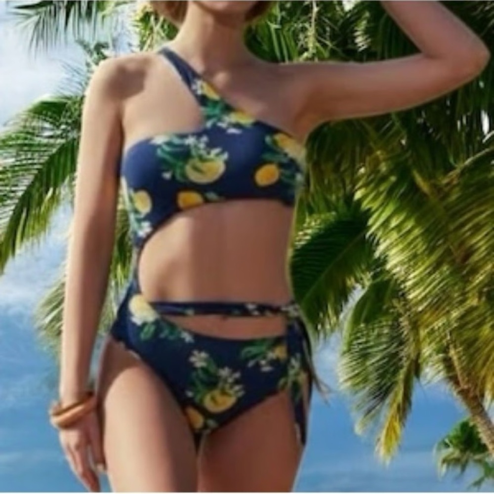 WET Women's Navy Lemons Cut-Out Monokini One-piece Swimsuit Size XL